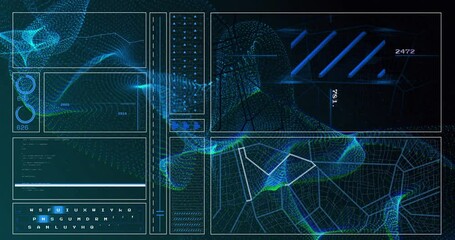 Poster - Animation of graph, computer language, loading circles, navigation pattern over dynamic waves