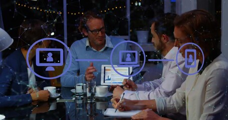 Poster - Animation of network of digital icons against diverse businesspeople discussing together at office
