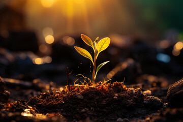 A small plant sprouting from the ground. Small plant growing in the soil at sunset.