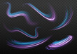 © MEDUZA - Purple and blue curve lines, cyber technology, fiber optic, isolated design element on dark transparent background. Electric wavy trail. Neon lines of speed and fast wind. Vector.