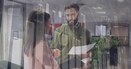 Poster - Animation of data processing against diverse man and woman discussing over a document at office