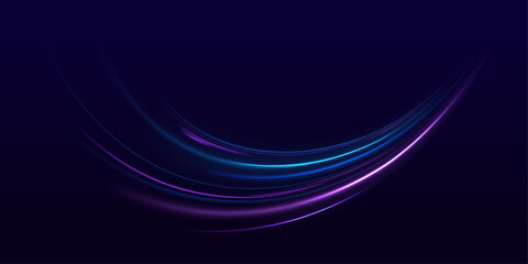 Neon lines of speed and fast wind. semicircular wave, light trail curve swirl, car headlights, incandescent optical fiber. cyber futuristic divider border, purple and blue laser beam isolated.