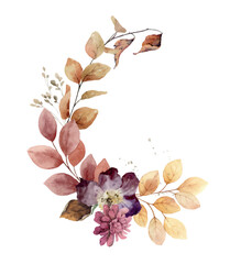 Wall Mural - Watercolor vector wreath with bright autumn flowers and foliage.