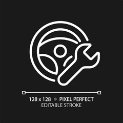 Sticker - 2D pixel perfect editable white steering wheel repair icon, isolated vector, thin line simple illustration representing car service and repair.