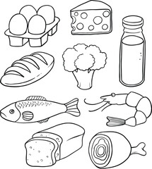 food set of black and white sketches, hand drawing, vector illustration, black and white, black line vector