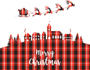 Santa sleigh flying silhouette village night  buffalo plaid Pattern Background Design 