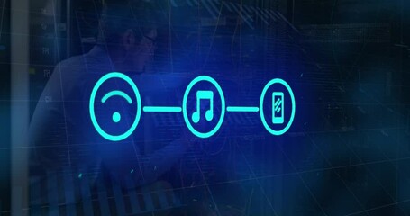 Poster - Animation of network of digital icons against asian male engineer using smarphone in server room
