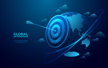 Abstract Digital Planet Earth And Target With Bow Arrow In A Bullseye. Global Mission Concept. Futuristic Low Poly Vector Illustration On Blue Technology Background. Global Market, Goal And Success.