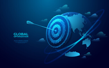 Canvas Print - Abstract digital planet Earth and target with bow arrow in a bullseye. Global mission concept. Futuristic low poly vector illustration on blue technology background. Global market, goal and success.