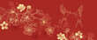 Luxury oriental japanese pattern background vector. Elegant swallow bird and peony flower golden line art on red background. Design illustration for decoration, wallpaper, poster, banner, card.