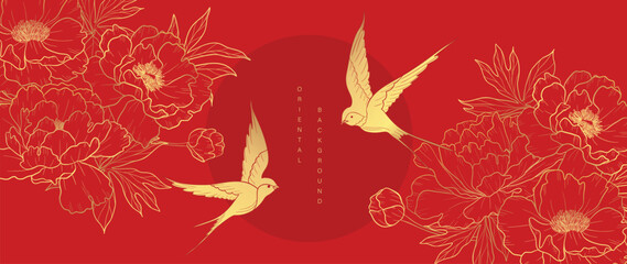 Wall Mural - Luxury oriental japanese pattern background vector. Elegant swallow bird and peony flower golden line art on red background. Design illustration for decoration, wallpaper, poster, banner, card.