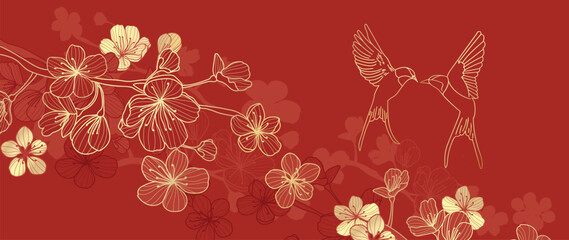 Wall Mural - Luxury oriental japanese pattern background vector. Elegant swallow bird and peony flower golden line art on red background. Design illustration for decoration, wallpaper, poster, banner, card.