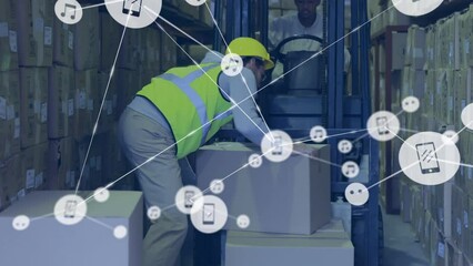 Poster - animation of network of icons over caucasian male worker stacking boxes on a forlift at warehouse