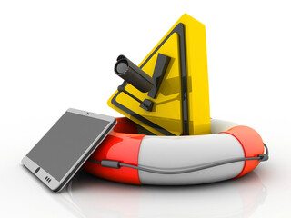 Poster - 3d rendering mobile phone security cctv camera in life belt
