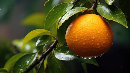 Wall Mural - Orange on a branch with drops