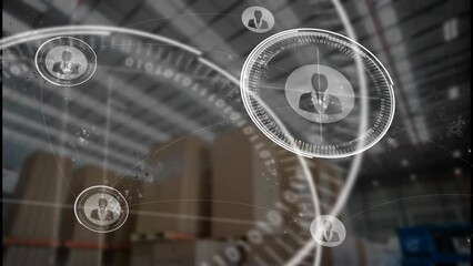 Poster - Animation of multiple profile icons over round scanners against warehouse