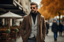 Brutal Stylish Adult Caucasian Male Model Wearing Fashion Glasses And Brown Coat Walking On City Street On Autumn Day, Lifestyle