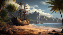 An Old Pirate Shipwreck On A Beach With Palm Trees