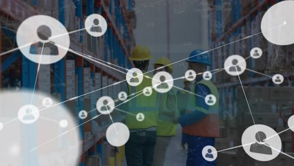 Poster - animation of network of profile icons against diverse male workers checking stock at warehouse