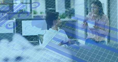 Poster - Animation of statistical data processing against diverse man and woman discussing at office