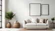 © anmitsu - Modern living room simple interior design with white fabric sofa and cushions and blank poster frame