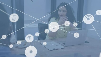 Poster - Animation of network of digital icons against biracial woman discussing with colleagues at office