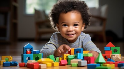 African American toddler playing with colorful wooden block toys