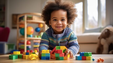 African American toddler playing with colorful wooden block toys