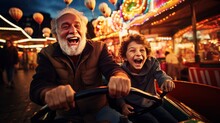 Grandfather and grandson smile and have fun while driving a bumper car in an amusement park.