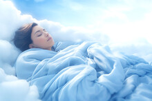 Fantasy Background Of Girl Lying On Clouds With Weighted Blanket, Immersed In Deep Sleep. The Blanket Gently Embraces, Creating A Sense Of Coziness And Tranquility. Banner.