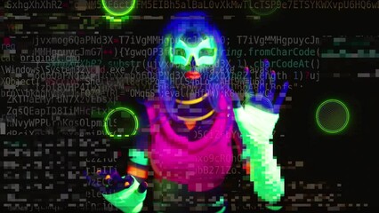 Female in glow costume using touch screen