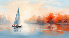 Watercolor Drawing, Autumn Landscape Sailing Boat On The Marina, Orange Shades Of Indian Summer On The Lake