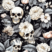 Embroidery Vintage Skull And Roses Seamless Pattern. Gothic Romanntic Embroidery Design.