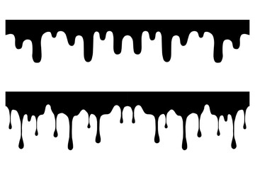 Poster - Black Melting Paint Abstract Liquid Vector Elements Isolated on White Background. Set melting drops, milk, liquid caramel, honey and chocolate. Vector