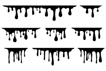 Poster - Black Melting Paint Abstract Liquid Vector Elements Isolated on White Background. Set melting drops, milk, liquid caramel, honey and chocolate. Vector