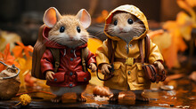 Cute Pair Of Mice In An Autumn Forest With Raincoats