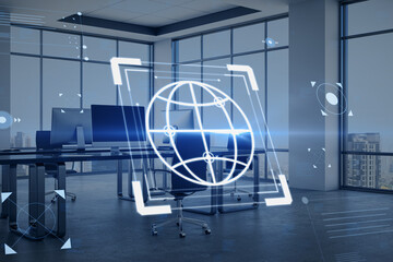 Poster - Modern office interior with creative hacking interface and windows with city view in the background. Code window high tech UI and spyware concept. 3D Rendering.