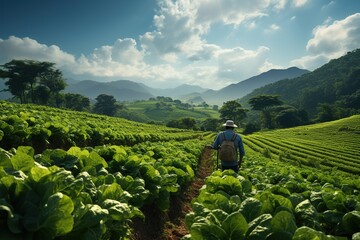 Wall Mural - Agricultural Farmer Tending Crops: A farmer in a sun-drenched field carefully tends to rows of vibrant green crops.Generated with AI