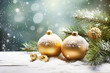 © olindana - Christmas New Years greeting card banner with golden ornament balls green pine tree branches in snow. Template with copy space