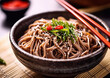 Buckwheat soba noodles with chopsticks on restaurant table.Macro.AI Generative