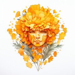 Orange yellow watercolour portrait of young woman with marigold cempasuchil tagetes flower on head on white backdrop. Floral blossom concept