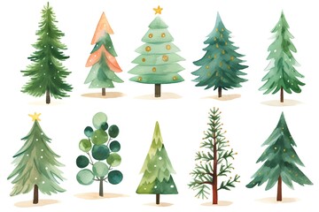 Wall Mural - Watercolor Christmas trees set. Hand drawn illustration isolated on white background