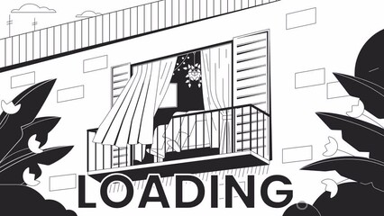 Poster - Relaxing on balcony bw loading animation. Curtain open window breeze outline 2D cartoon scene 4K video loader motion graphic. Shaking barefoot legs. Relaxed weekend animated gif isolated on white