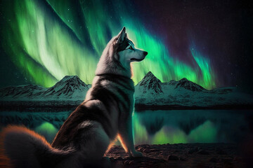 Husky dog ​​on the background of northern lights