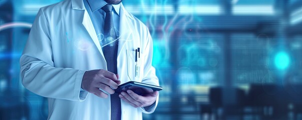 Medicine doctor using digital healthcare and network connection on hologram modern virtual screen