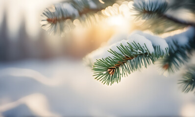 Aufkleber - Winter fir tree branch with snow and sunlight bokeh