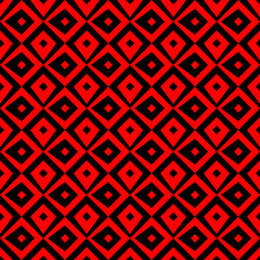Repeated black figures on bright red background. Ethnic wallpaper. Seamless surface pattern design with rhombuses ornament. Diamonds motif. Digital paper for textile print, web designing. Vector art