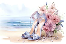 Beautiful Watercolor Illustration With Women's Shoes And Flowers On The Beach