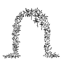 Plant Arch Of Ivy, Grapes, Lush Foliage. Entrance To The Garden. Vector Drawing With Black Outline. Sketch In Ink.