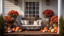 Spirit Of Gratitude And Family Gatherings With An Image Of A Front Porch Elegantly Adorned For Thanksgiving.